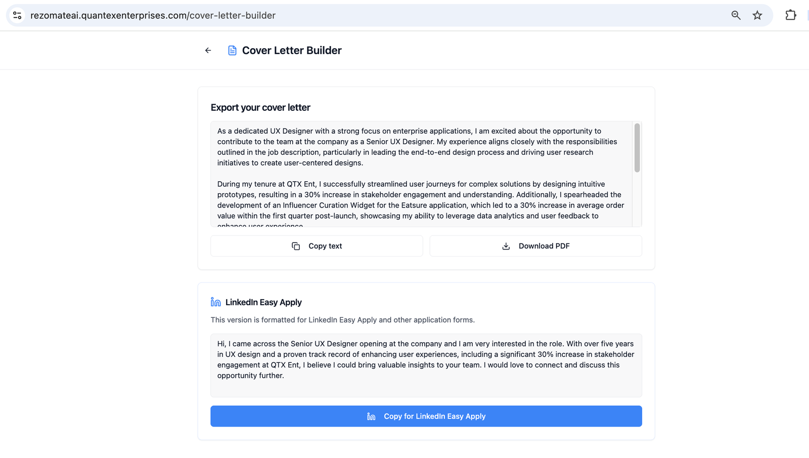 RezomateAI cover letter export
